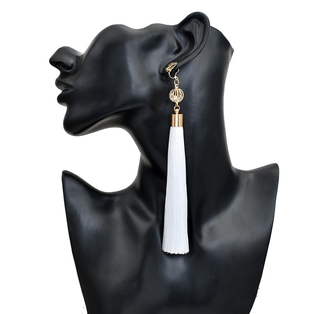 Gold Color Clip Earrings For Women Bohemian Long Tassel Earrings Crystal Jewelry Ear Cuff Earring boucle d oreille