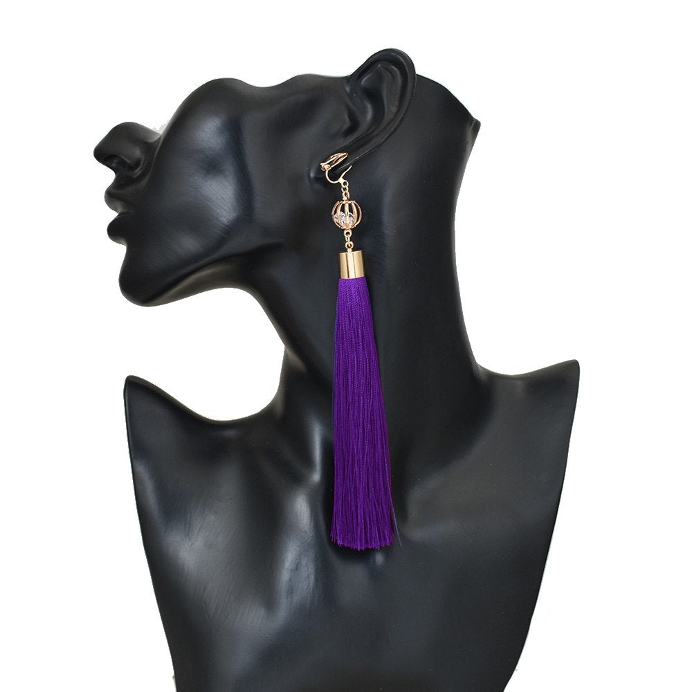 Gold Color Clip Earrings For Women Bohemian Long Tassel Earrings Crystal Jewelry Ear Cuff Earring boucle d oreille