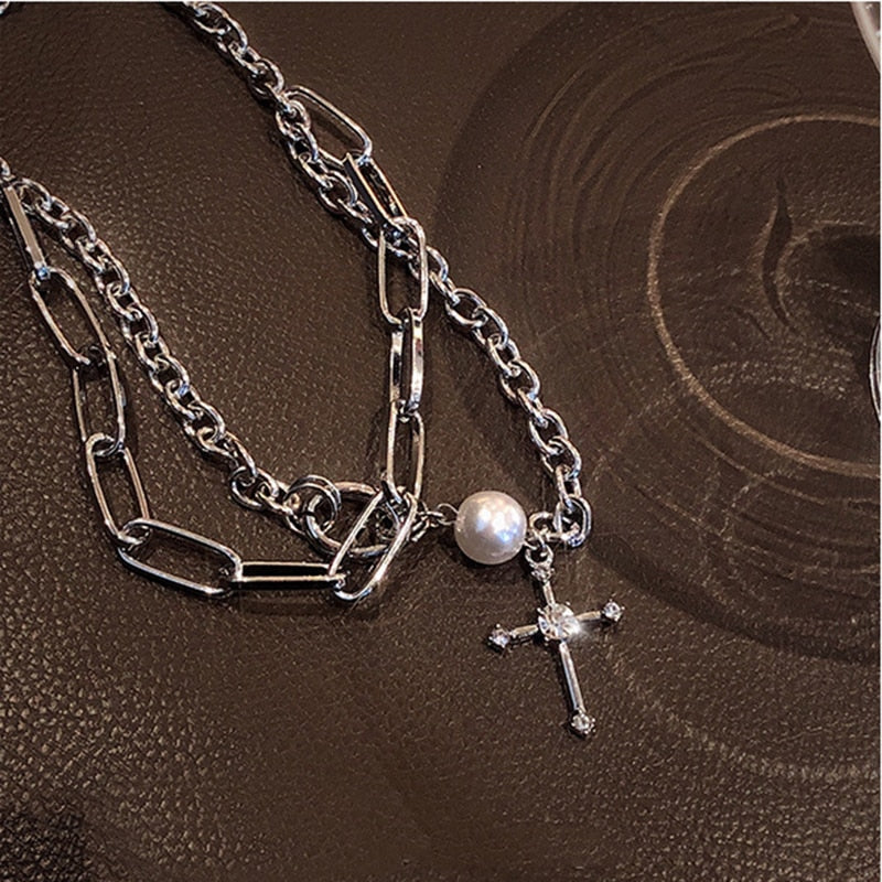 Chain Around the Neck Cross Necklace For Women Pendant Vintage Multilayer Jewelry Hip-Hop Gothic Style Clavicle Chokers