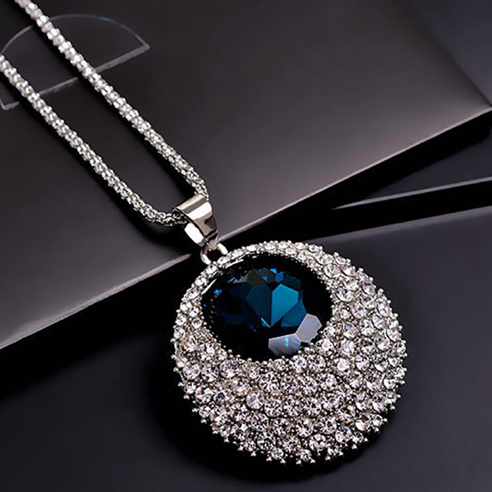 Chain Necklace Rhinestone Inlaid Vintage Long Round Luxurious Pendant Necklace Shiny Jewelry for Women