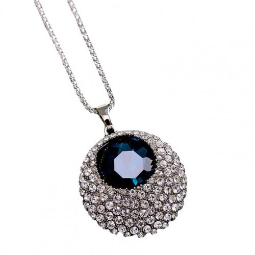 Chain Necklace Rhinestone Inlaid Vintage Long Round Luxurious Pendant Necklace Shiny Jewelry for Women
