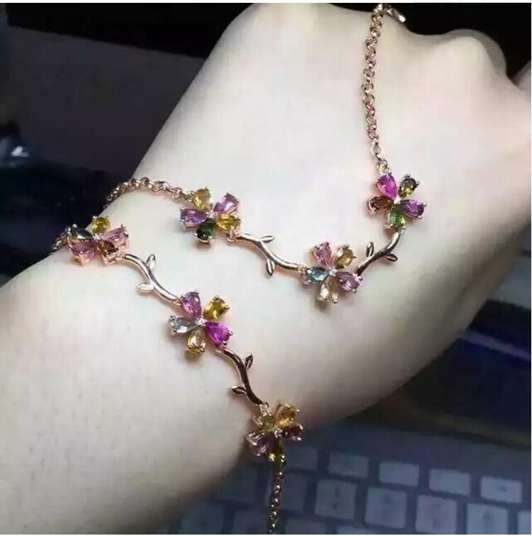 Chain bracelet Free shipping Natural and real tourmaline 925 sterling silver Fine jewelry gems 3*3mm 15pcs