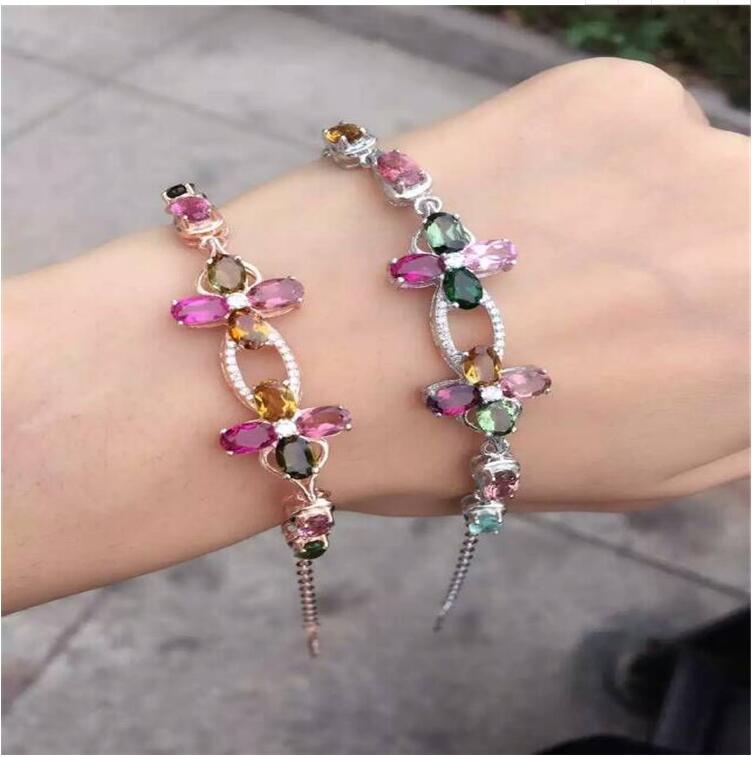 Chain bracelet Free shipping Natural and real tourmaline 925 sterling silver Fine jewelry gems 4*6mm 12pcs