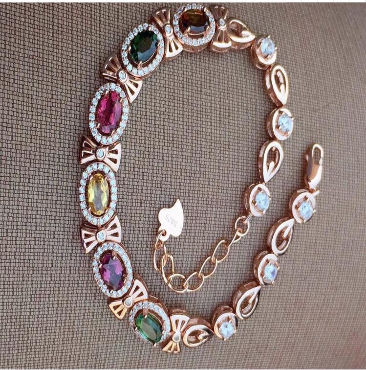 Chain bracelet Free shipping Natural and real tourmaline 925 sterling silver Fine jewelry gems 4*6mm 6pcs