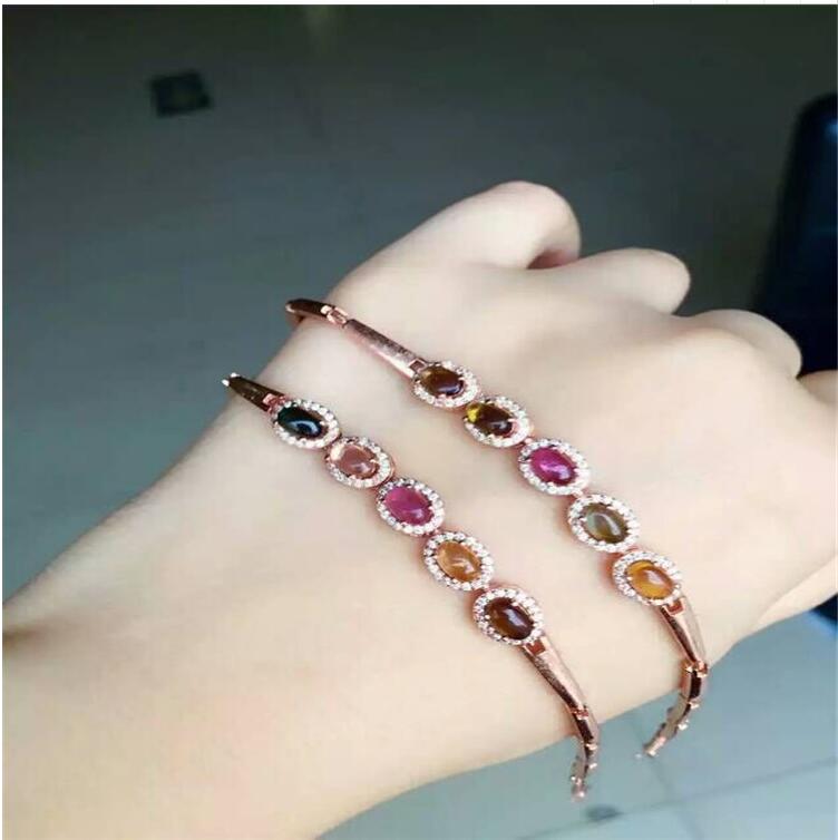 Chain bracelet Free shipping Natural and real tourmaline 925 sterling silver Fine jewelry gems 4*6mm 5pcs