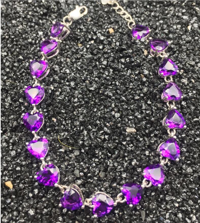 Chain bracelet Natural real amethyst 925 sterling silver Fine jewelry Purple gems 4*6mm 13pcs For men or women