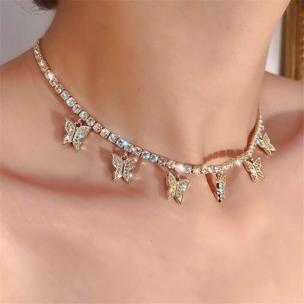 Chains Necklase Woman  Rhinestone Necklace For Women Dress Choker Collar Butterfly Neck pendants Necklaces For Women 2021