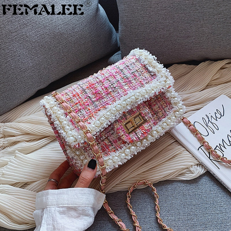 Chains Tweed Shoulder Bag Winter Women Trendy Wool Korean 2022 Crossbody Bag Ladies Pearls Bordered Hangbags