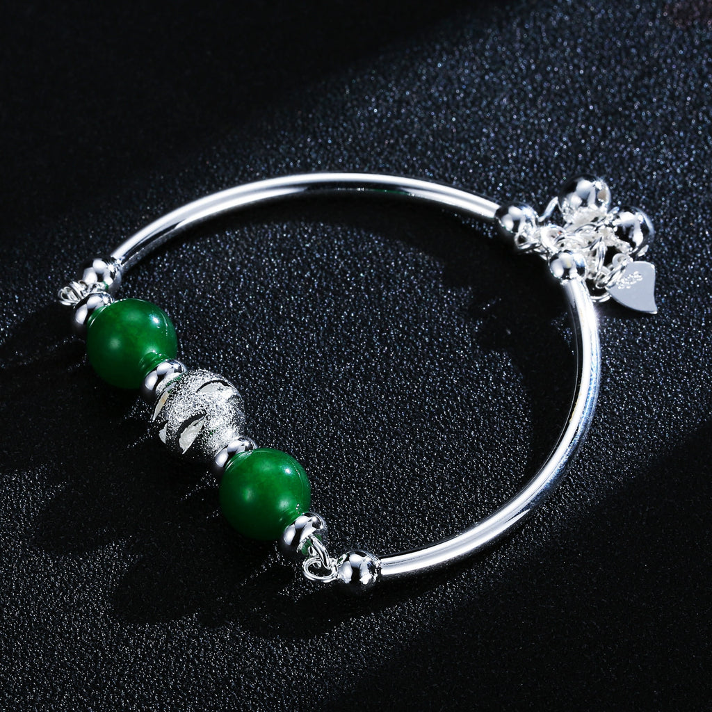 Chalcedony Transfer Style Bead Open Jade Bracelet for Women Fashion Scrub Silver Jewelry Geometric Type Sterling 925 Silver Jade