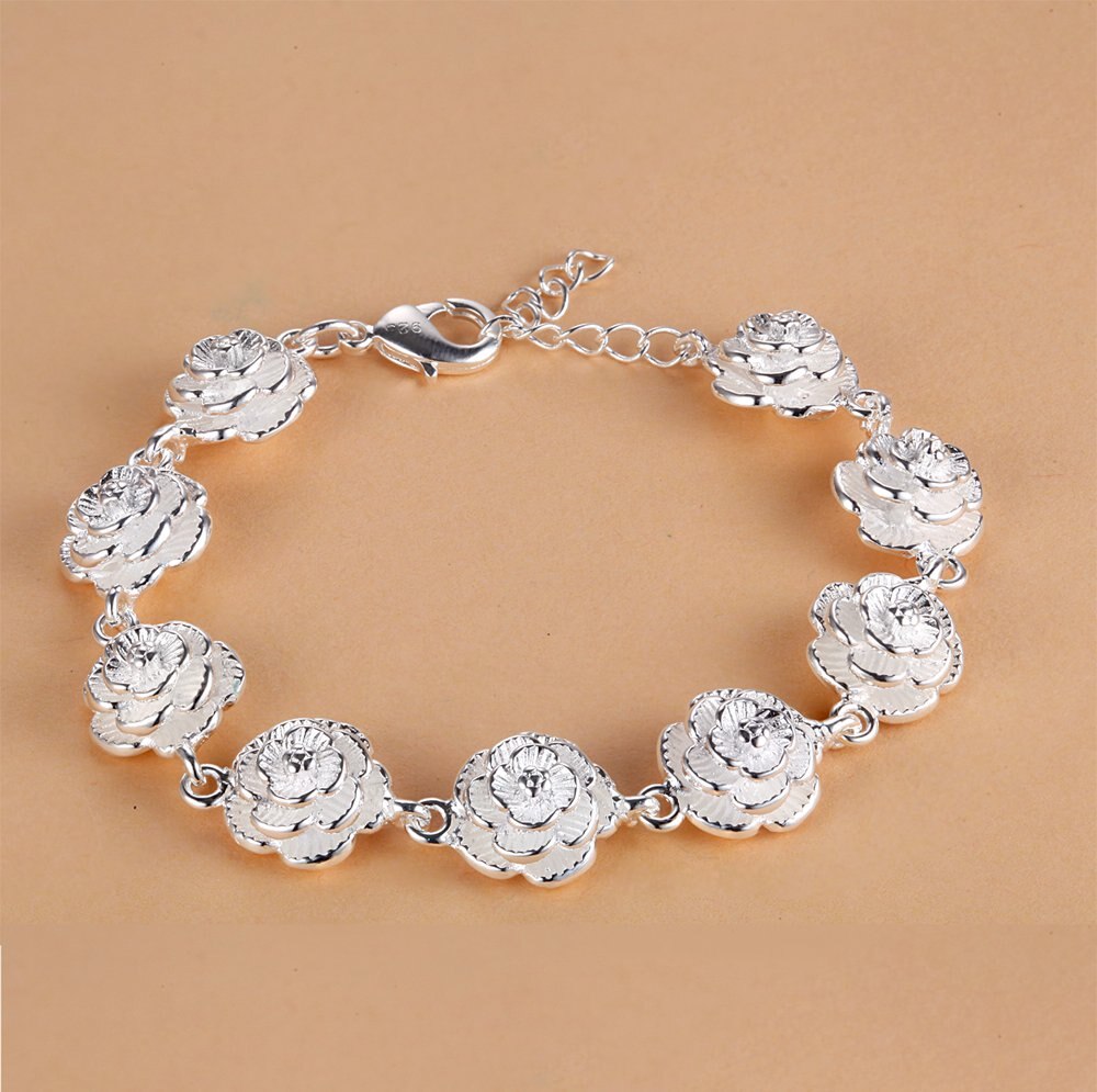 Charm 925 Sterling Silver Rose Flower Chain Bracelet For Women Pretty Party wedding accessories gift fine  Jewelry