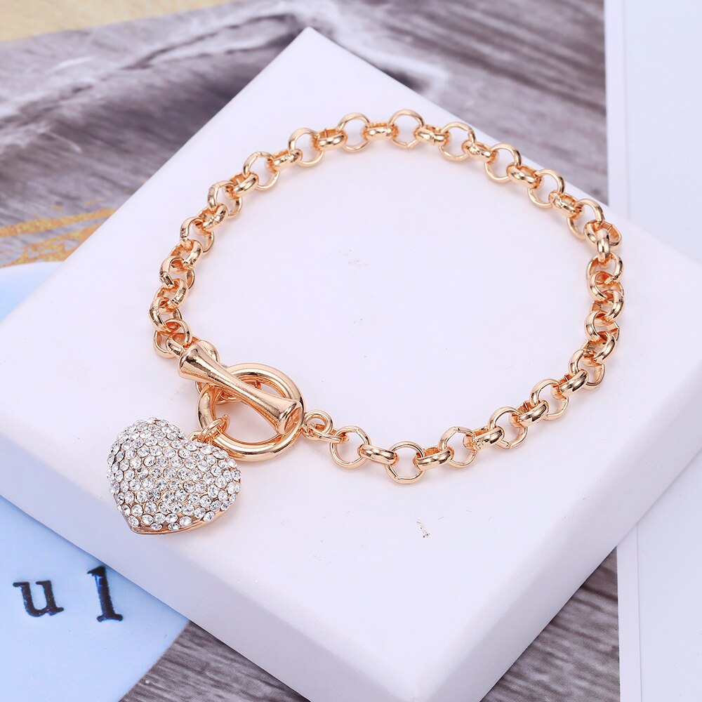 Charm Big Crystal Heart Bracelets For Women Heavy Metal Wind Gold Link Chain Bracelet Vintage Jewelry Gift To Lover Girlfriend