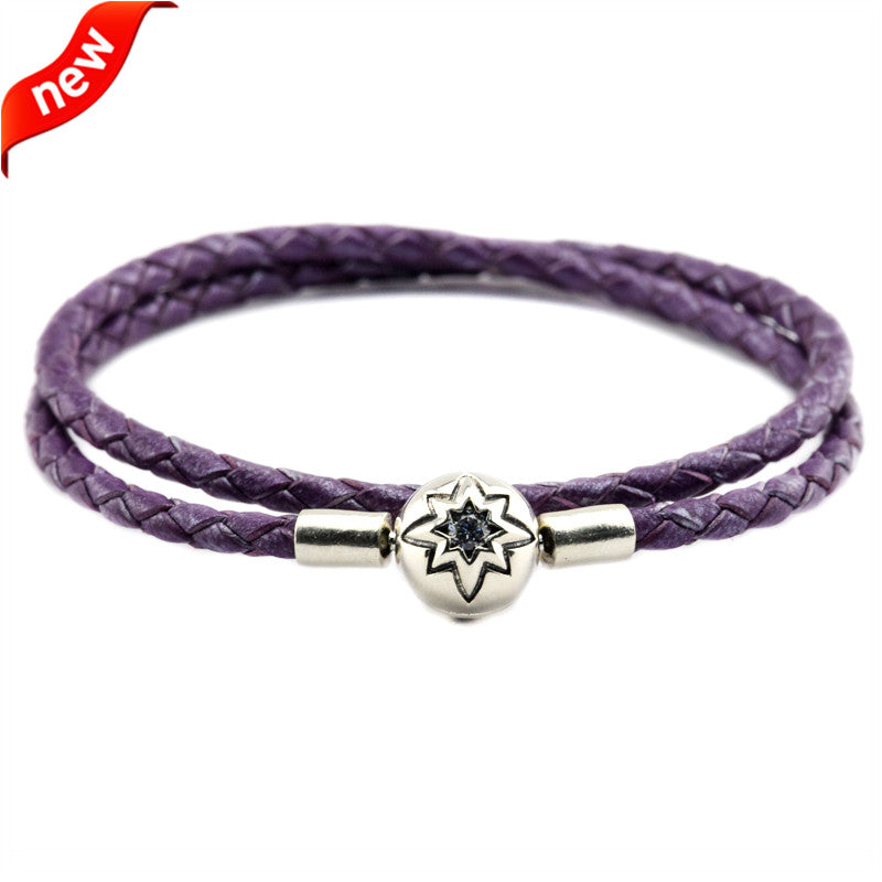 Charm Bracelets 925 Sterling Silver Starry Sky Clasp Bright Purple Leather Bracelets for Women Jewelry DIY Beads Bracelet CKP617