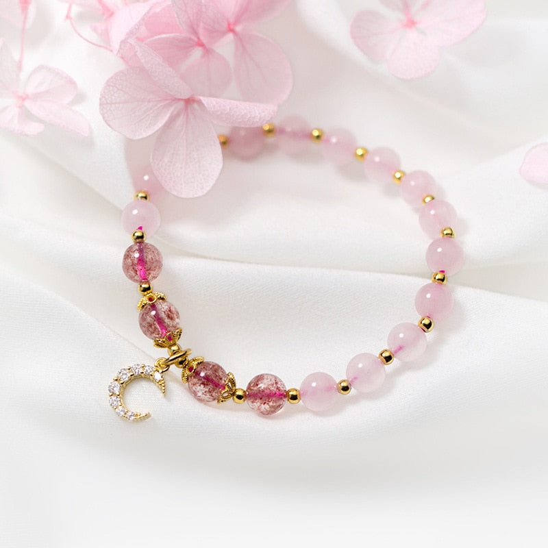 Charm Bracelets & Bangles with Pink Crystal Bracelet Femme for Women Jewelry Natural Strawberry Quartz Bracelet 925 Silver Jewel