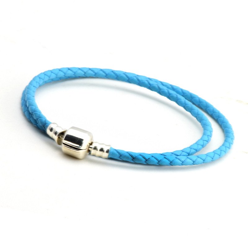 Charm Bracelets DIY Fits Beads Charms Sky-Blue Double Brand Leather Bracelet 100% 925 Sterling-Silver-Jewelry Fine Jewelry