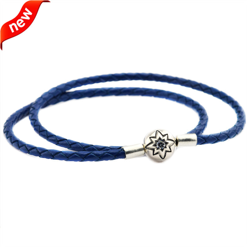 Charm Bracelets Real 925 Sterling Silver Starry Sky Clasp Dark Blue Leather Bracelets for Women Jewelry Beds DIY Making CKP10