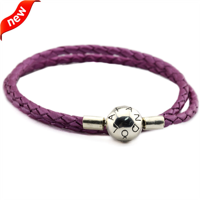 Charm Bracelets with Round Clasp Fit European Charm Beads Honeysuckle Pink Leather Bracelets for Women DIY Jewelry P522