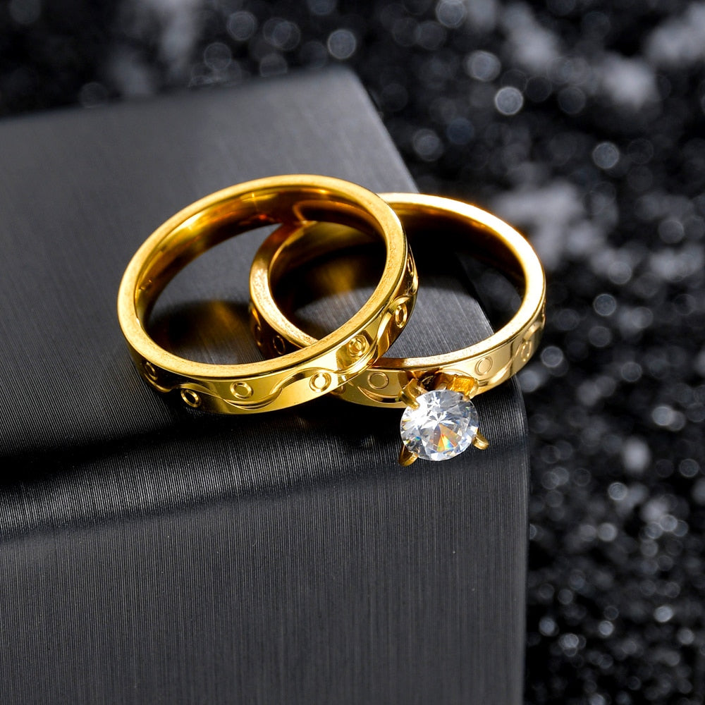 Charm Couple Ring Stainless Steel Gold Men's Rings Blue Zircon Crystal Women's Ring Sets Valentine's Day Wedding Bands
