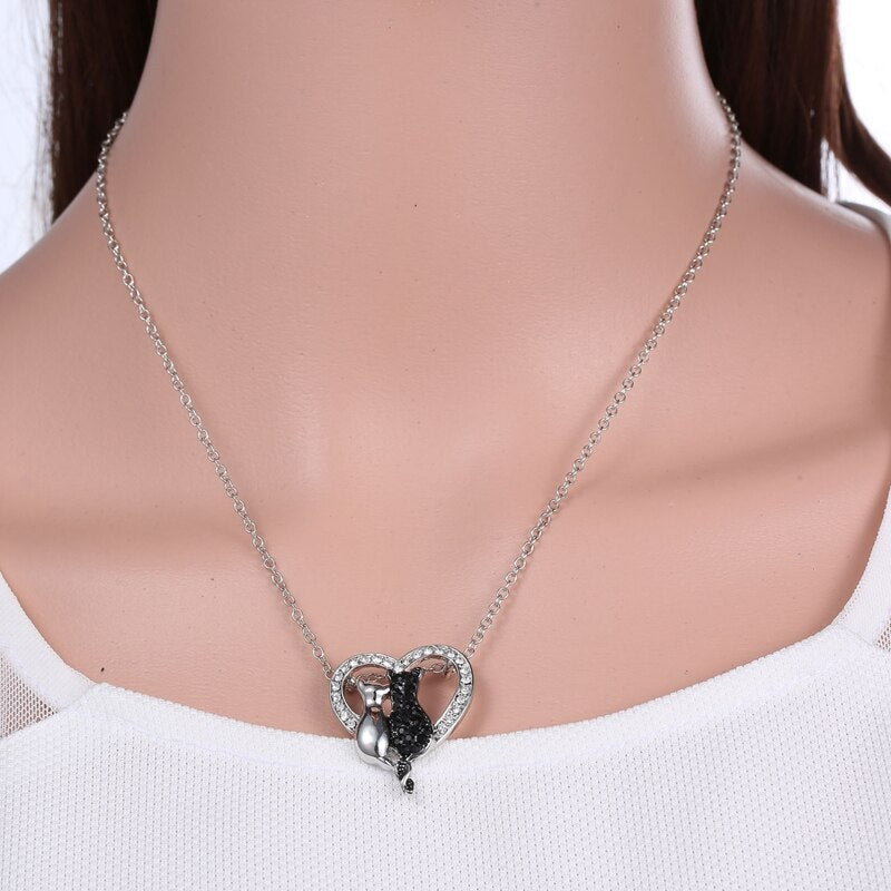 Charm Original Solid Silver Plated  Crystal Sweet Cat  Pendant Chain Necklace for Women Jewelry Gifts