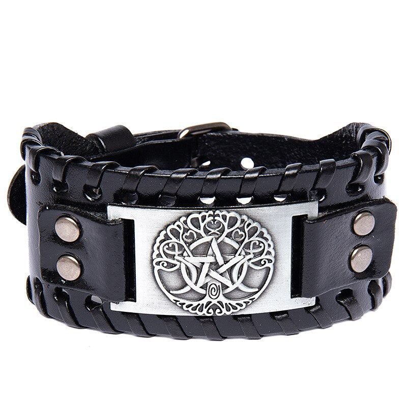 Charm Wide Leather Bracelet Viking Five-pointed Star Tree of Life Men's Bracelet Punk Genuine Leather Accessorie Party Jewelry