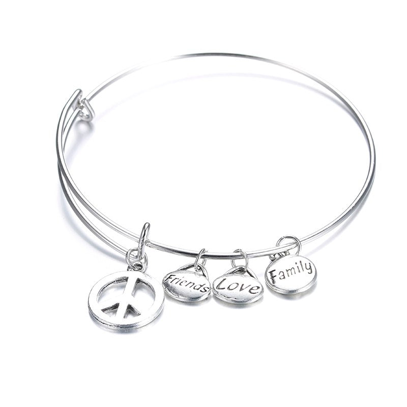 Charm Wish Peace sign/Cross Bracelet Silver-Color Expandable Wire Love family friends Bracelets & Bangles for Women Jewelry