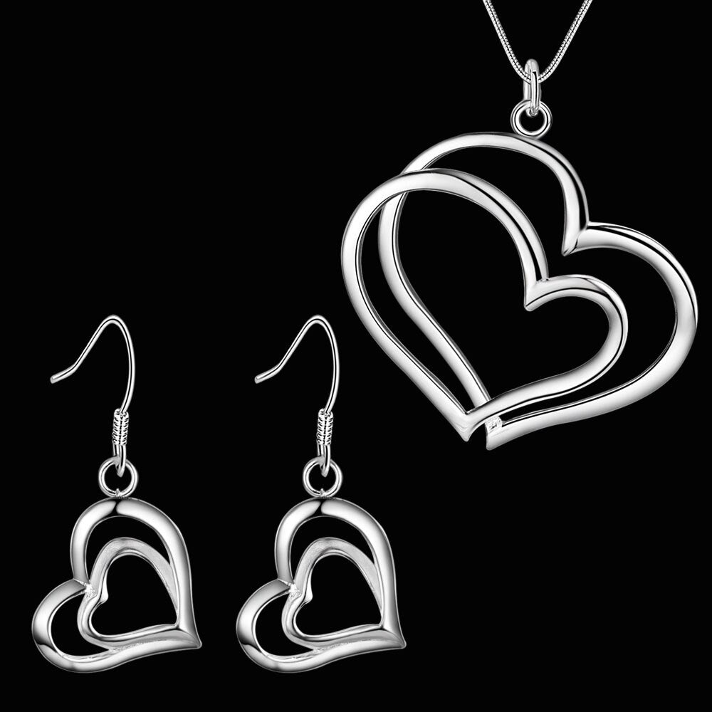 Charm romantic Double Heart 925 Sterling Silver earrings necklace Jewelry sets for women Party wedding Pretty gifts