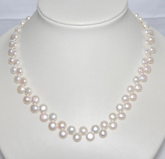 Charming Pearl Jewellery,White Color 7-9MM Button Freshwater Pearl Necklace,100% Real Real Pearls 17inches Birthd Gift For Mom