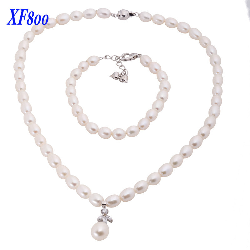 Charming natural pearl bridal jewelry sets, 7-8mm white pearl necklace & bracelet for womemX1218