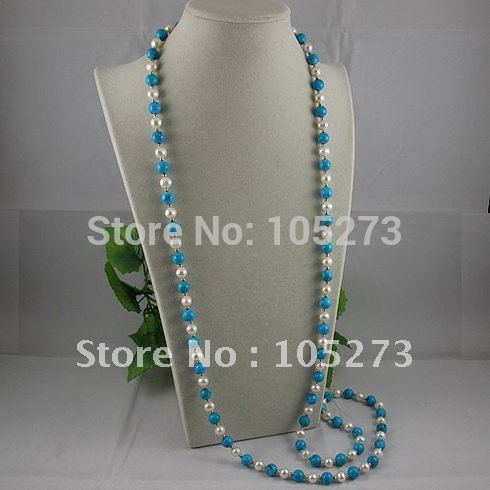 Charming!long pearl turquoises necklace 48'' AA 7-8MM White Genuine freshwater pearl&turuqoises