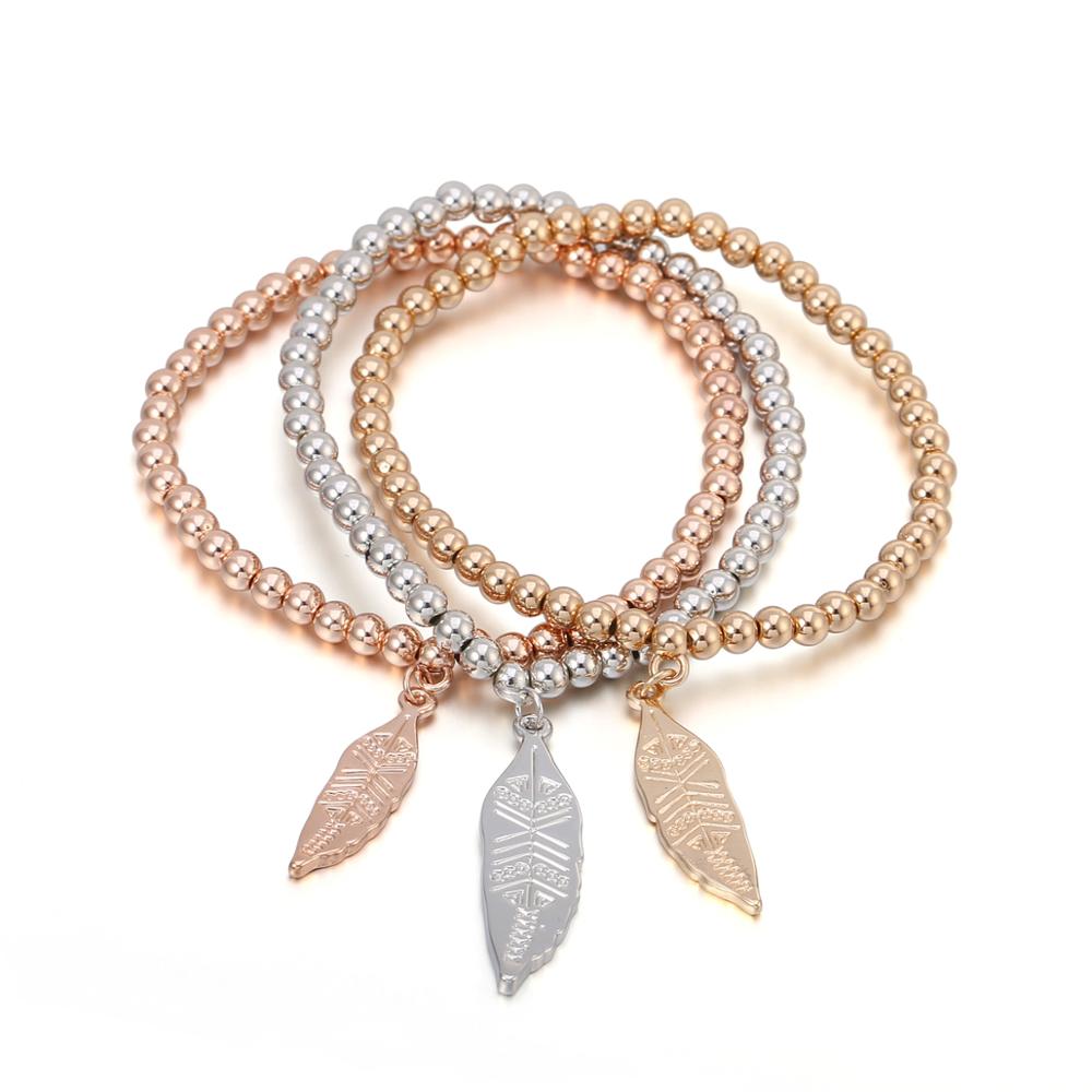 Charms 3 Layer Set Leaf Beaded Bracelet For Woman Mix Gold Silvery Color Adjustable Bead Chain Female Bracelets Vintage Jewelry