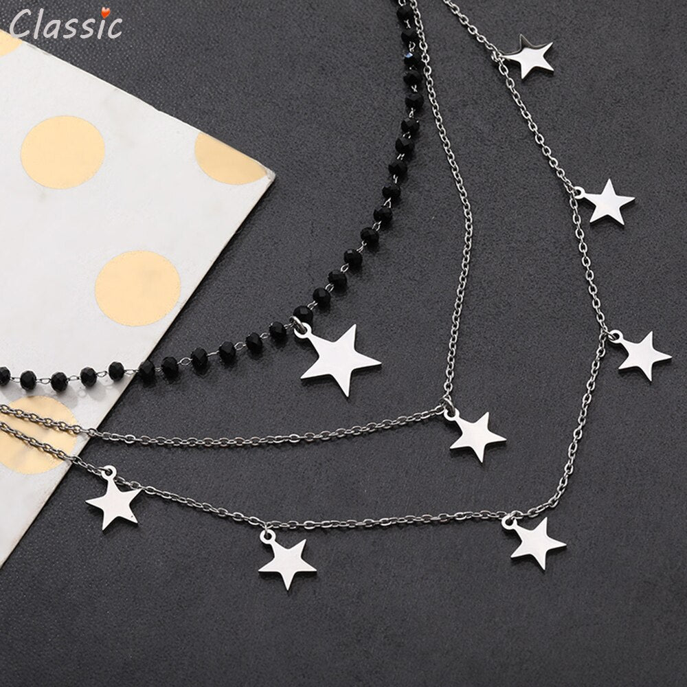 Charms 3 Layer Stainless Steel Necklace For Woman Silver Color Star Pendent Black Beads Necklaces Vintage Jewelry Accessories