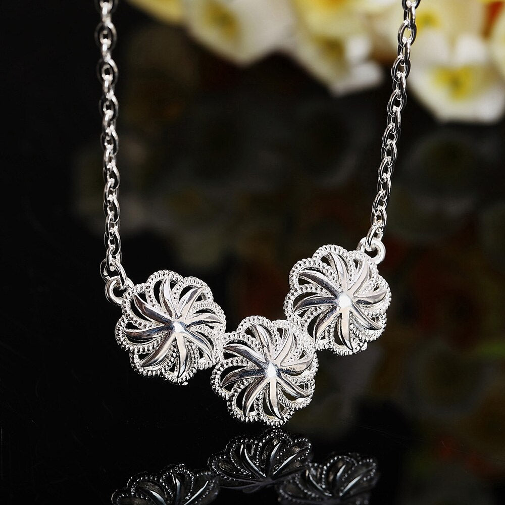 Charms 925 Stamped silver Pretty three flowers Pendant Necklace For Women Holiday gift Wedding party Jewelry