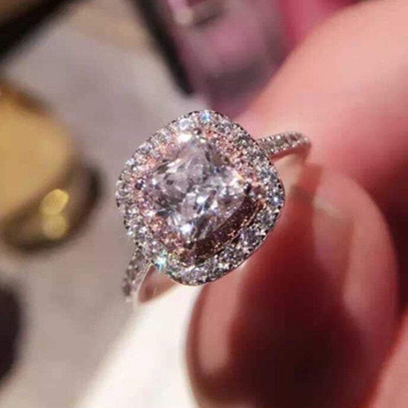 Charms Fine Jewelry Rings For Women 925 Sterling Silver Cubic Zirconia Wedding Pink & White Square Bridal Engagement Ring Anillo