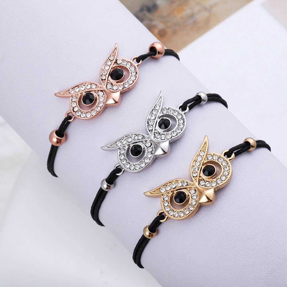 Charms Owl Bracelet Elastic Rope Chain Gold Silver Color Crystal Eye Of Owl Pendant Bracelets For Woman Jewelry Gift New