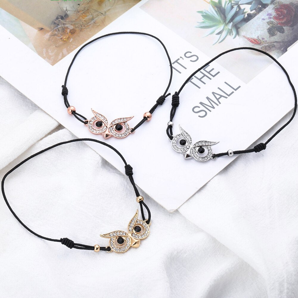 Charms Owl Bracelet Elastic Rope Chain Gold Silver Color Crystal Eye Of Owl Pendant Bracelets For Woman Jewelry Gift New