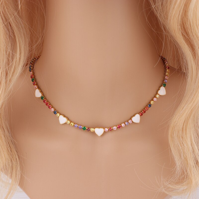 Charms Rainbow Enamel Heart Necklaces for Women Crystal Gold Micro Pave Chokers Necklaces CZ Cubic Zirconia Women Jewelry Gift