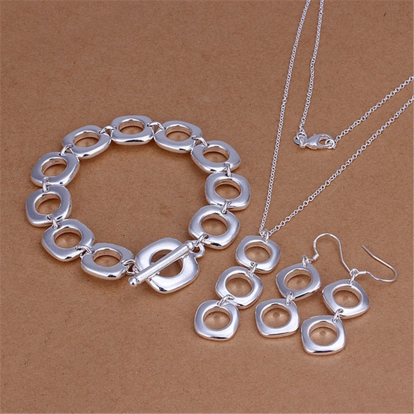 Charms streetwear 925 sterling Silver Round square pendant necklace Bracelet earring Jewelry set for women Party gifts