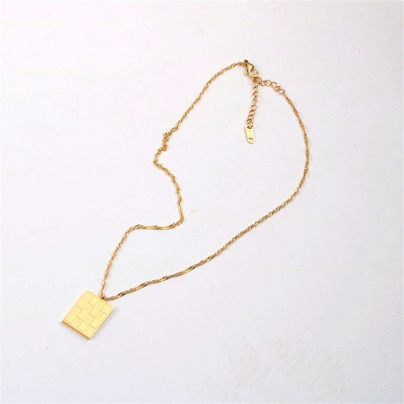 Checkerboard plaid square pendant necklaces for women stainless steel gold vintage necklace trendy women  items 2022