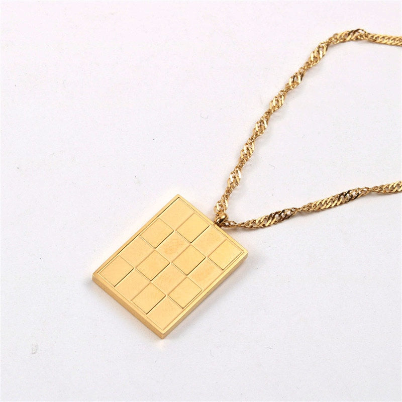 Checkerboard plaid square pendant necklaces for women stainless steel gold vintage necklace trendy women  items 2022
