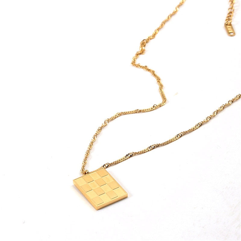 Checkerboard plaid square pendant necklaces for women stainless steel gold vintage necklace trendy women  items 2022