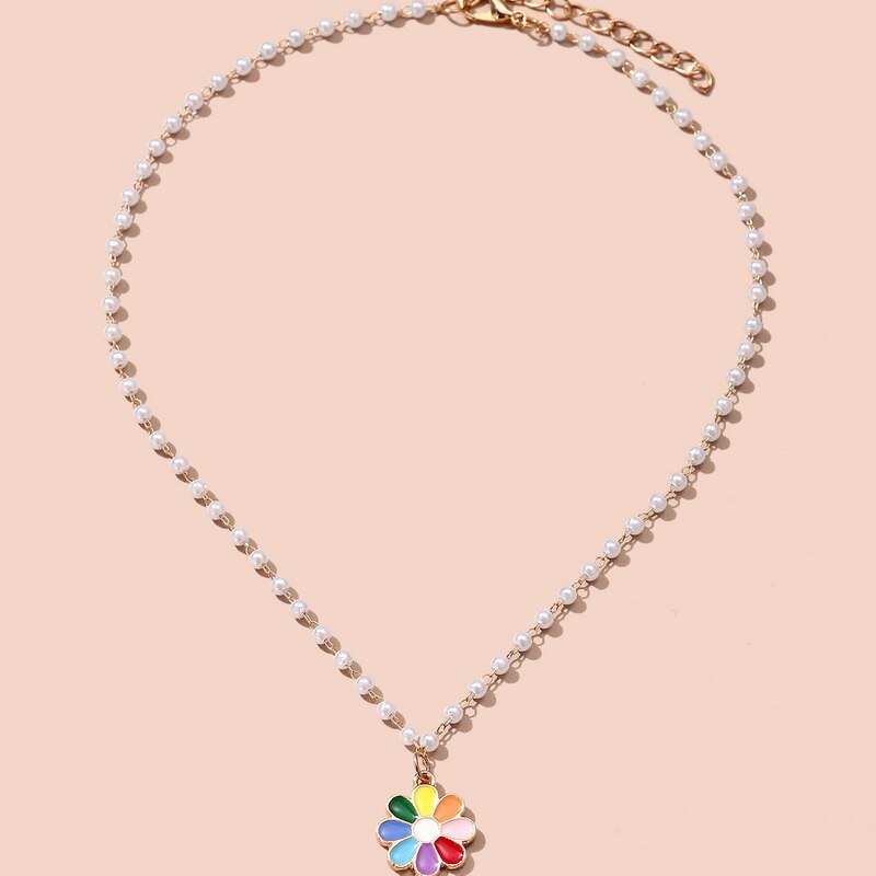 Cherry Small Daisy Colorful Flowers Butterfly Neck Chain Imitation Pearl Rhinestone Clavicle Necklaces for Women Popular Jewelry