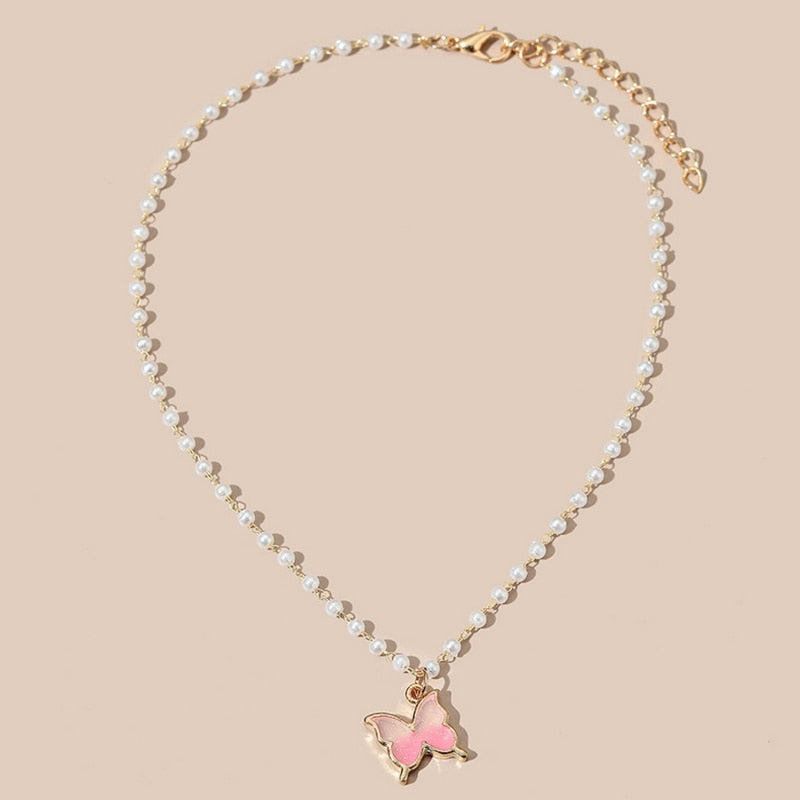 Cherry Small Daisy Colorful Flowers Butterfly Neck Chain Imitation Pearl Rhinestone Clavicle Necklaces for Women Popular Jewelry