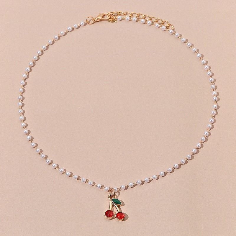 Cherry Small Daisy Colorful Flowers Butterfly Neck Chain Imitation Pearl Rhinestone Clavicle Necklaces for Women Popular Jewelry