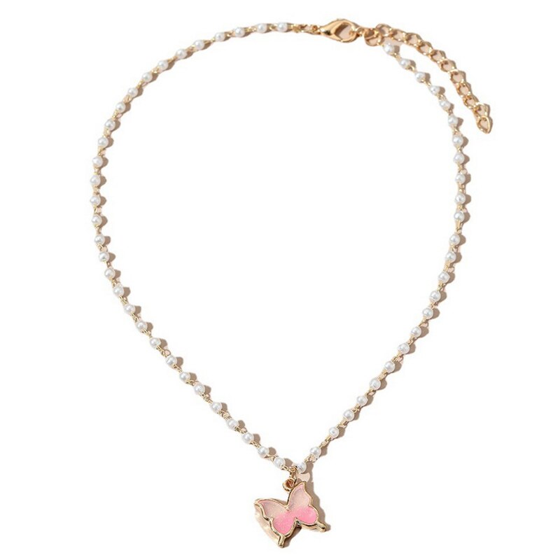 Cherry Small Daisy Colorful Flowers Butterfly Neck Chain Imitation Pearl Rhinestone Clavicle Necklaces for Women Popular Jewelry