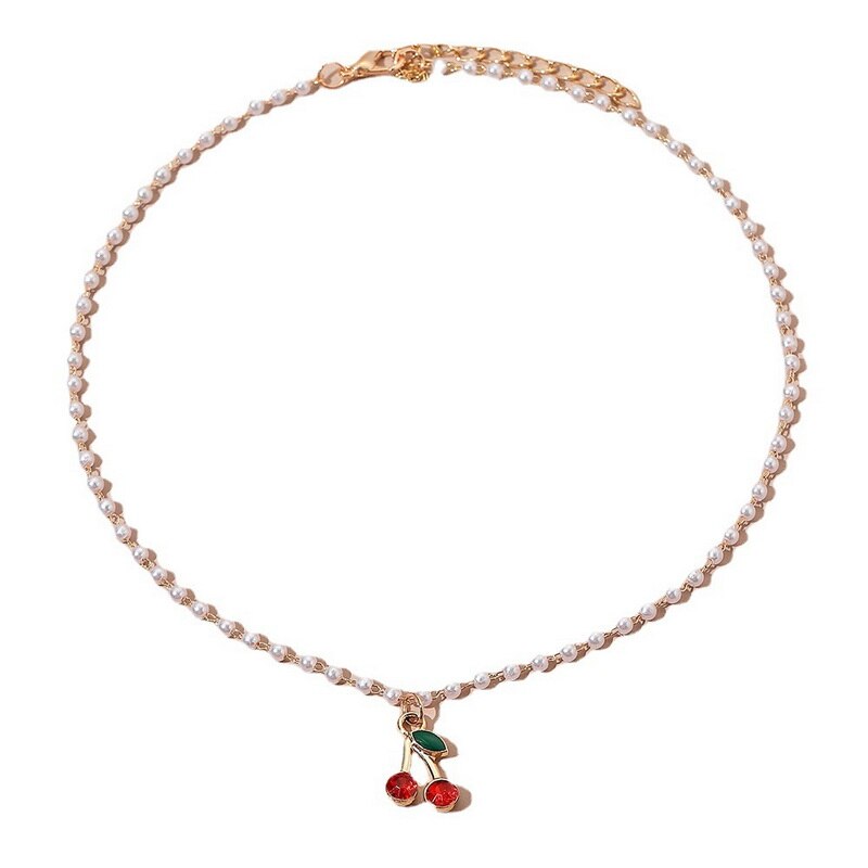 Cherry Small Daisy Colorful Flowers Butterfly Neck Chain Imitation Pearl Rhinestone Clavicle Necklaces for Women Popular Jewelry