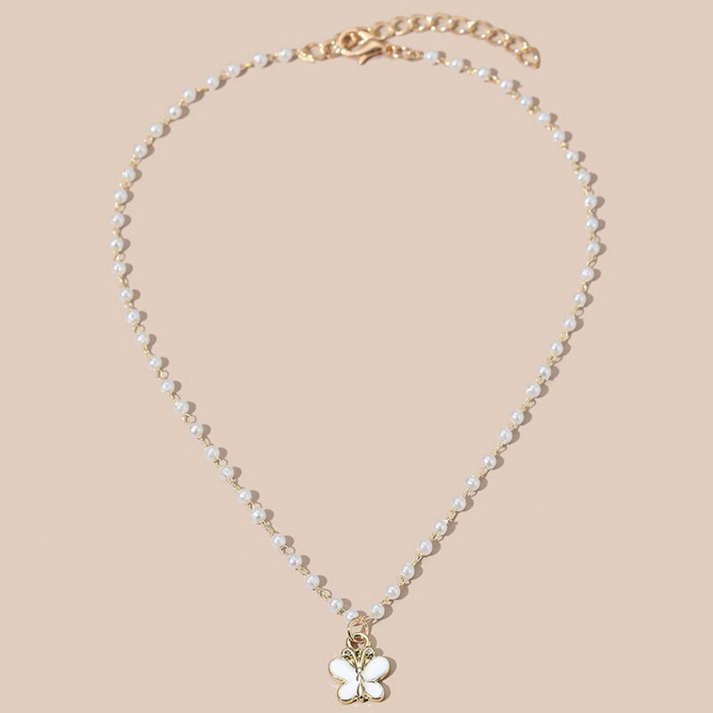 Cherry Small Daisy Colorful Flowers Butterfly Neck Chain Imitation Pearl Rhinestone Clavicle Necklaces for Women Popular Jewelry