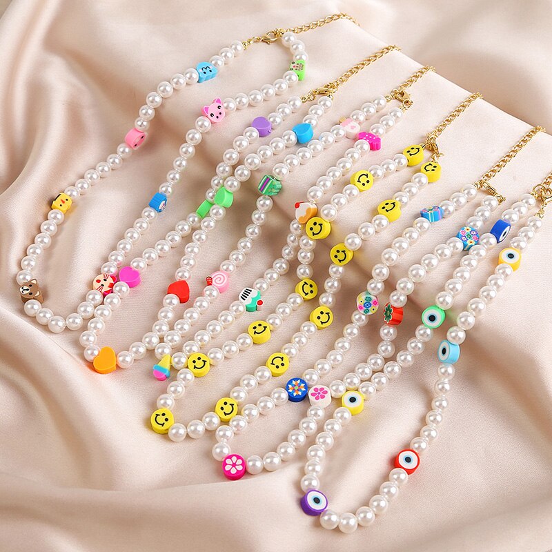 Chic Boho Polymer Clay Necklaces For Women Imitation Pearl Cute Smiley Neck Chain Bohemian Necklace Jewelry 2022 New