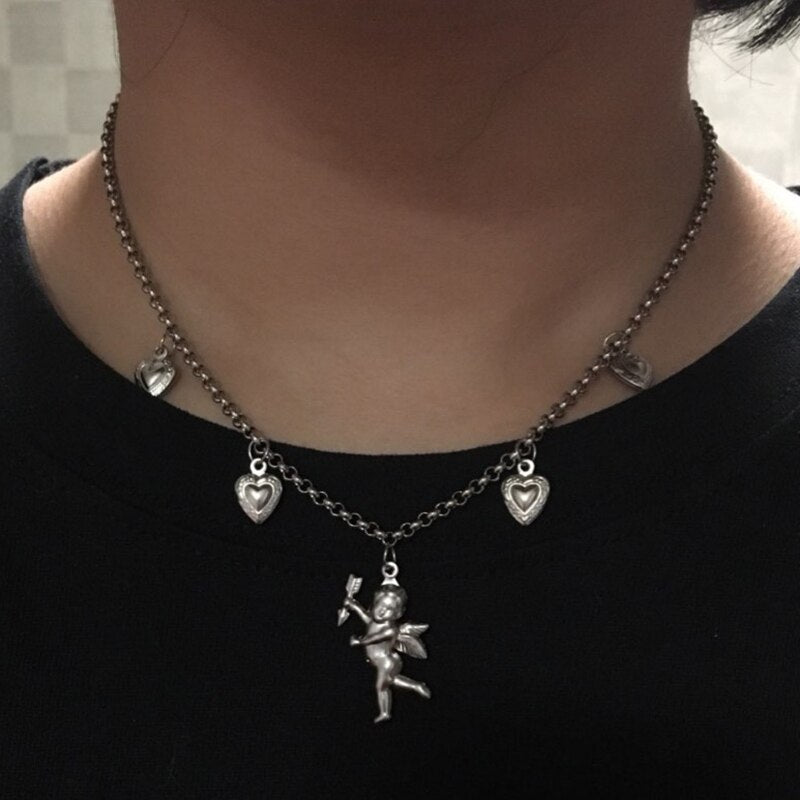 Chic Harajuku Kawaii Choker Stainless Steel Flower Cupid Angel Beads Bow Heart Necklace Women Men girl Gothic Streetwear Jewelry