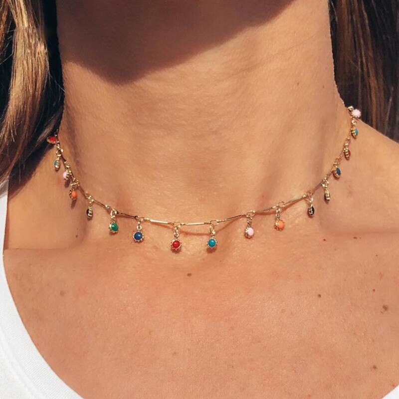 Chic Multicolor Opal Stone Choker Necklaces Gold Color Chain Crystal Necklace for Women Jewelry Short Chockers Collar
