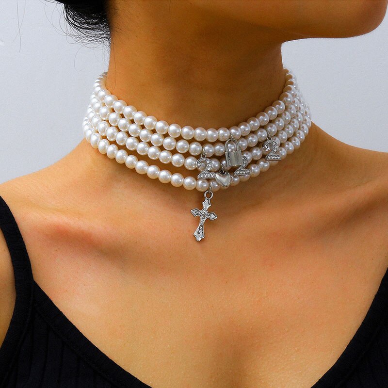 Chic Multilayer Imitation Pearl Number Cross Lock Pendant Choker Necklace Women Geometric Chocker Necklace Jewelry