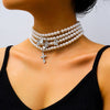 Chic Multilayer Imitation Pearl Number Cross Lock Pendant Choker Necklace Women Geometric Chocker Necklace Jewelry